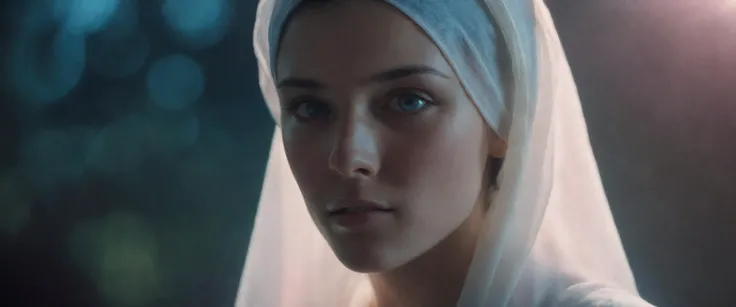 cinematic film still of A spectral girl wearing a shirt and a headscarf with a (translucent appearance:1.3), Her form is barely tangible, with a soft pink and blue glow emanating from her center, The surroundings subtly dissolve through her ethereal presence, her hair is like smoke, casting a dreamlike ambiance, extreme detail, shallow depth of field, vignette, highly detailed, high budget, bokeh, cinemascope, moody, epic, gorgeous, film grain, grainy