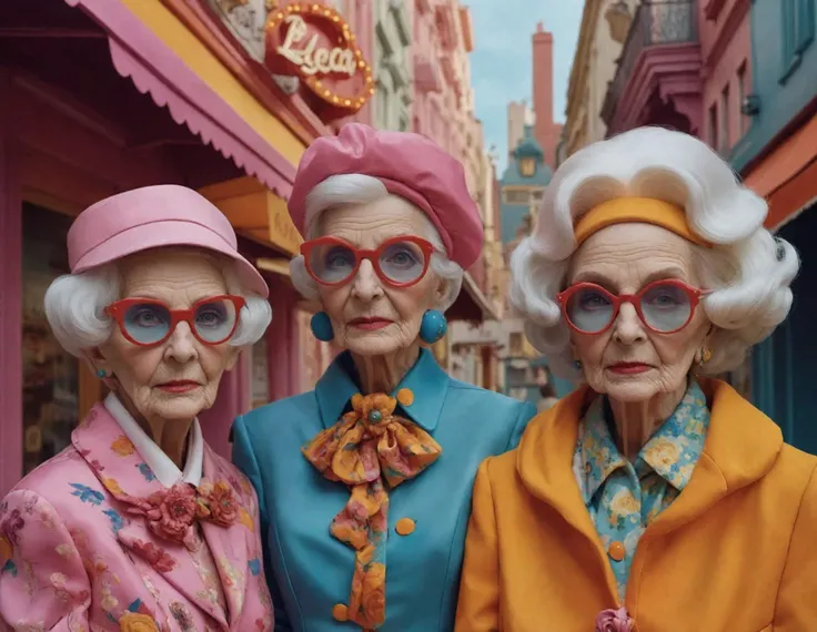 Frank sagace 'fashion old ladies', close up realistic fashion photos, in the style of kelly vivanco and Wes Anderson, and Tim Walker vibrant model photos, cityscapes, elaborate costumes, brothers hildebrandt, lisa frank, leica cl, dark