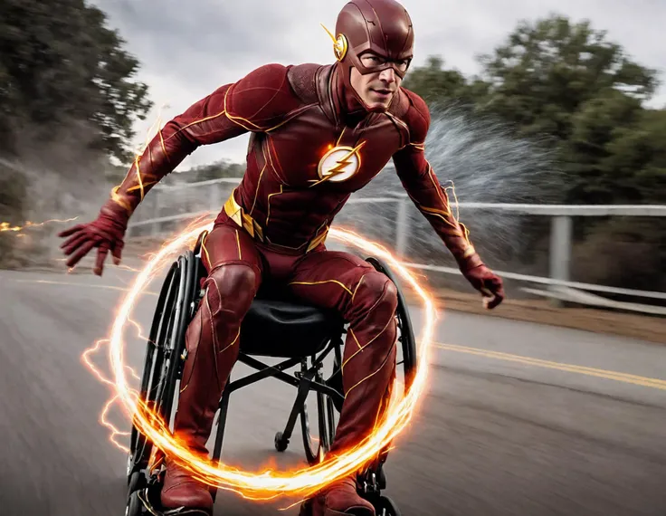 barry allen the flash on wheelchair moving at supersonic speed creating flame trails, speed trails, motion blur, electricity speed outdoor, realistic highly detailed cinematic cinematography, shots footage,