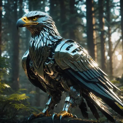 biomechanical cyberpunk, cinematic photo full shot of beautiful chrome and crystal eagle, vibrant colors of a forest, high detailed, sharp, intricate, 8k, trending on artstation, unreal engine, cgsociety, concept art,, 8k, octane render, soft light, cinematic lighting, high quality octane render, hyper detailed, intricate, elegant, highly detailed, digital art, concept art, smooth, sharp focus, illustration, macro Lens, 18mm, wide angle, centered . 35mm photograph, film, bokeh, professional, 4k, highly detailed, cybernetics, human-machine fusion, dystopian, organic meets artificial, dark, intricate, highly detailed