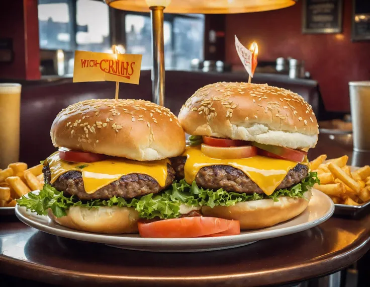 Food photography style, cheeseburger, a symphony of savory meat and fresh vegetables, cradled by a pair of golden buns, poised on a plate in the heart of an American diner, (vintage:1.2) (warm lighting:1.1) (detail-rich:1.2) (vivid colors), Appetizing, professional, culinary, high-resolution, commercial, highly detailed