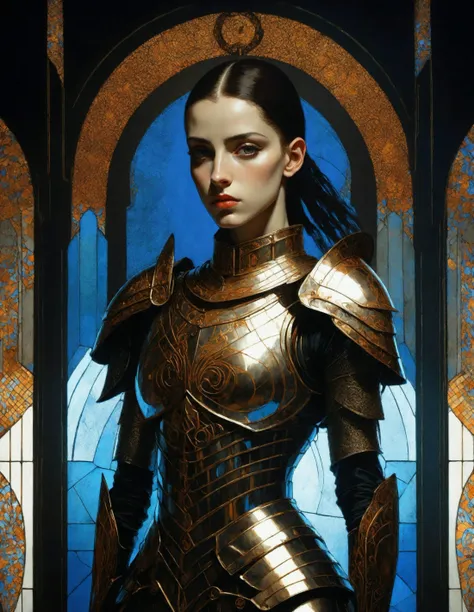 1 beautiful young woman, paladin, armor , rusty dark room dim light shadow dramatic lighting reflective ( 8k, art by Harry Clarke, Hayv Kahraman )