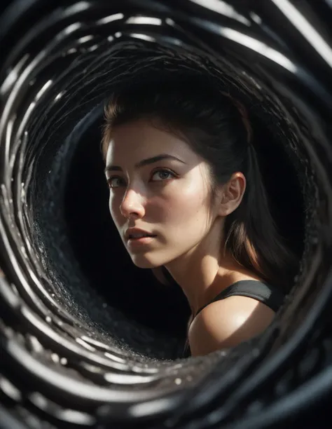 (Realistic),masterpiece,best quality,cinematic lighting,natural shadow,highest detail,professional photography,detailed background,depth of field,insane details,intricate,aesthetic,subsurface scattering,dynamic angle, Human facing in hopeless black hole