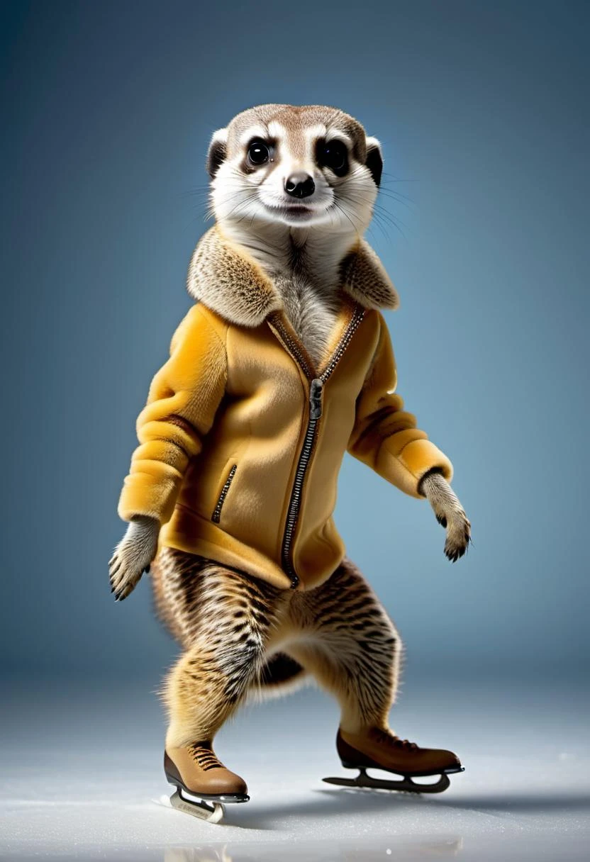 photorealistic portait of Dressed animals - a Meerkat ice skater, skating on ice, high quality, highly detailed, studio lighting, <lora:more_details:0.55> <lora:Dressed animals:1>