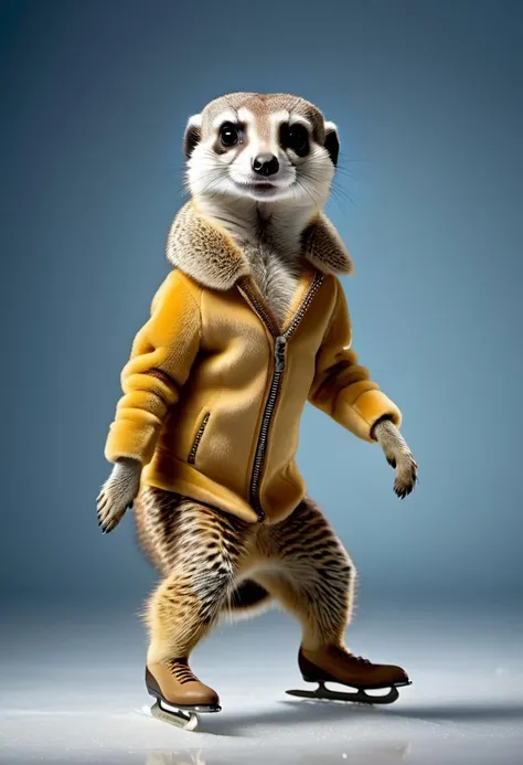 photorealistic portait of Dressed animals - a Meerkat ice skater, skating on ice, high quality, highly detailed, studio lighting, <lora:more_details:0.55> <lora:Dressed animals:1>