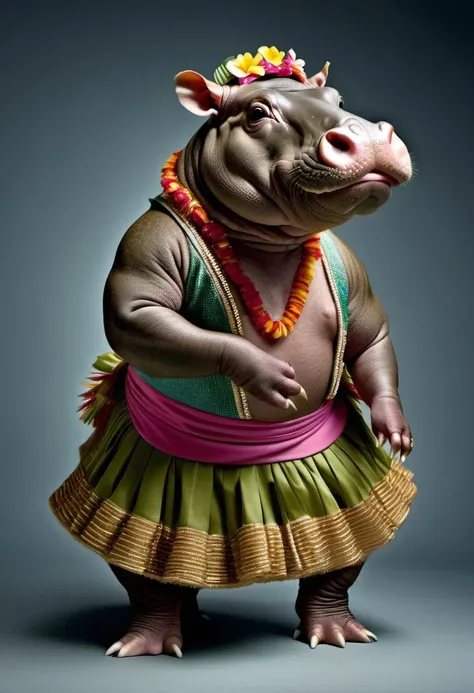 photorealistic portait of Dressed animals - a hippopotamus hula dancer, high quality, highly detailed, studio lighting, <lora:more_details:0.55> <lora:Dressed animals:1>