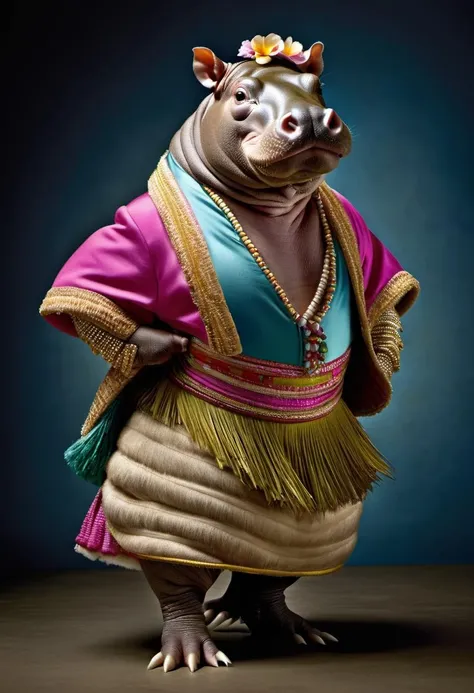 photorealistic portait of Dressed animals - a hippopotamus hula dancer, high quality, highly detailed, studio lighting, <lora:more_details:0.55> <lora:Dressed animals:1>