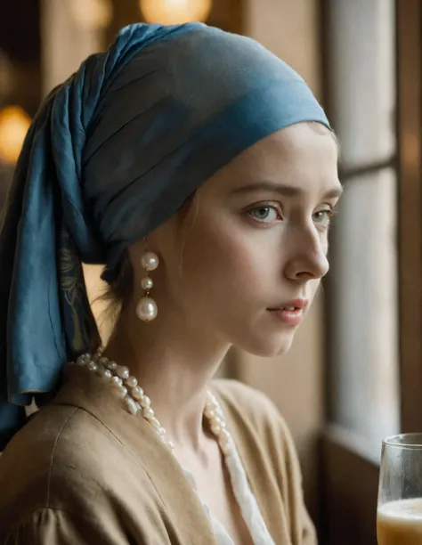 RAW photo ((best quality)) ((masterpiece)) ((realistic)) (The Girl with the Pearl Earring) a cafe indoor cafe setting soft warm ambient light realistic style photography medium portrait warm earthy tones high definition on eye level scenic (high detailed skin:1.2) film grain