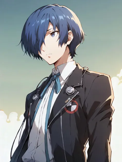 score_9, score_8_up, score_7_up, score_6_up, score_5_up, score_4_up, rating_explicit, BREAK solo, makotoyuki, yuuki makoto, 1boy, slim, blue eyes, blue hair, hair over one eye, short hair, white shirt, black jacket, gekkoukan high school uniform, <lora:MakotoYuki_PDXL:1>, expressionless, looking away, from below, cowboy shot