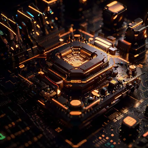 <lora:Neonpunkai-8:1>, Neonpunkai, (pyramid), Orange tone,computer chip,product closeups,photography closeups,cinematic rendering,C4D,blender,3D,ultra-high definition texture details,resistors,Special Effects,(Luminous line converging towards the middle:1.2),<lora:xinpian:0.75>,