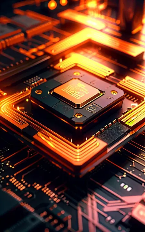 Orange tone,computer chip,product closeups,photography closeups,cinematic rendering,C4D,blender,3D,ultra-high definition texture details,resistors,Special Effects,(Luminous line converging towards the middle:1.2),<lora:xinpian:0.75>,