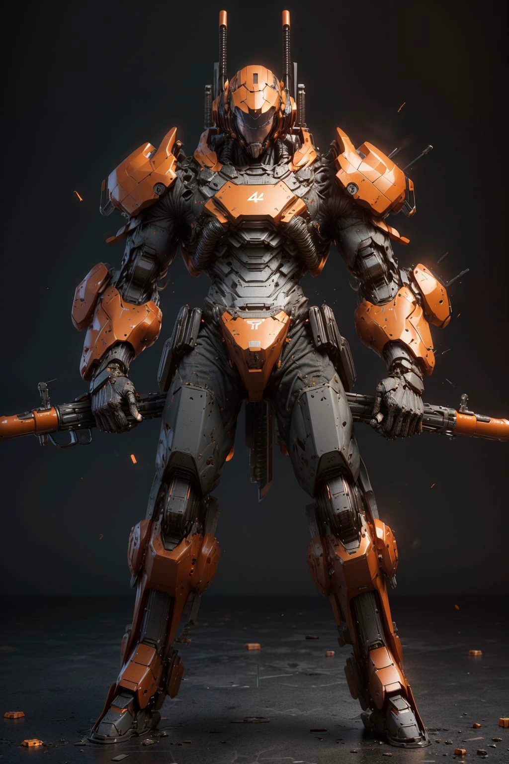 (masterpiece, best quality, high quality, highres),heavy weapon ,<lora:Mecha:1>, Mecha,full body,C4D,blender,3D, <lora:xinpian:0.5>,Orange tone,computer chip,ultra-high definition texture details,Special Effects, holding weapon, heavy weapon, gatling gun, <lora:gunsLoHatry3:1>