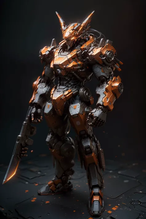 (masterpiece, best quality, high quality, highres),heavy weapon ,<lora:Mecha:1>, Mecha,full body,C4D,blender,3D, <lora:xinpian:0.5>,Orange tone,computer chip,ultra-high definition texture details,Special Effects, holding weapon,
