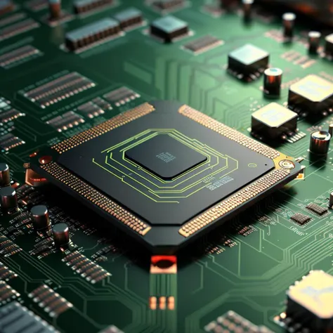 a forest of semiconductor elements on a pcb with a large lake in the middle, <lora:xinpian:0.8>