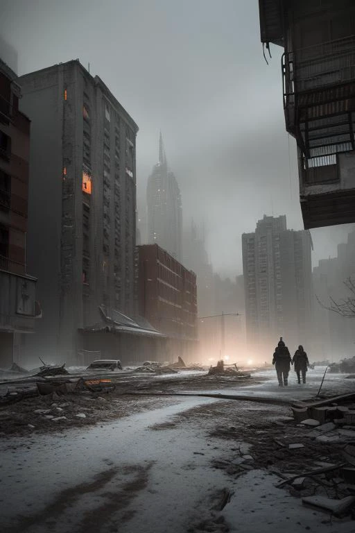 end of the world, epic realistic, (hdr:1.4), (muted colors:1.4), apocalypse, freezing, abandoned, neutral colors, night, screen space refractions, (intricate details), (intricate details, hyperdetailed:1.2), artstation, cinematic shot, vignette, complex background, buildings, snowy