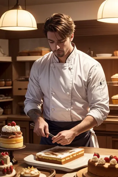 man, handsome, chef, apron, (shop, kitchen, pantry, baking, cakes:1.3), (solo, portrait: 1.2), (best quality, high quality:1.1), realistic, 8k, hires, cg, cinematic bloom, cinematic lighting, (masterpiece, original, best quality, high quality, hdr:1), best artists, detailed, ray tracing, reflections, vivid colors, high contrast, rim lights, back lights, photorealism, hyperrealism, realistic, cinematography, cinematic lighting, cinematic bloom, sfw, <lora:sxz-wowart-v2:0.4>, <lora:fix_add_detail:0.6>, <lora:GoodHands-vanilla:0.8>