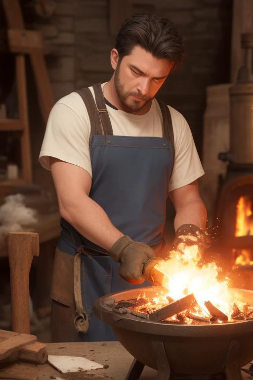 blacksmith holding a hammer working at an anvil, fire, embers, leather apron, medieval, detailed, magical, mouse watching, fantasy art, looking at camera, close up, (best quality, high quality:1.2), (masterpiece:1.1), (detailed), photorealism, photorealistic, 8k, hdr, cinematic lighting, cinematic bloom, sharp focus, lens flare, ray tracing, reflections, sharp focus