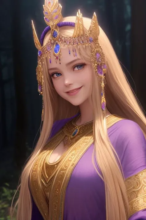 girl, beautiful, slender, (long golden hair, smiling:1.6), (jeweled headdress, large purple gem, iridescent, glimmering, shining, intricate:1.5), (priestess, intricate ancient purple robe:1.4), (dark forest, night, foggy, dreamy:1.3), (magical, ethereal, surreal, fantasy, folklore:1.2), (solo, portrait:1.1), (best quality, high quality:1), realistic, ultra detailed 8k cg, cinematic lighting, cinematic bloom, sfw