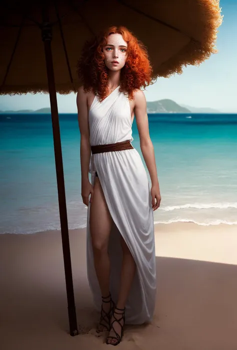 a young  girl, tiny breasts, (small breasts:1.3), disheveled long curly dark ginger hair, white long greek clothes,  freckles on face, freckles on body, freckles on tits, chiselled features face,  masterpiece, vivid colors, art by Bastien Lecouffe Deharme,(full body:1)  <lora:GreekClothes:1> seductive, on beach