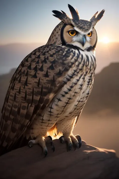 pencil drawing, dramatic volumetric lights, soft lighting, (a giant eagle owl), detailed feathers, intricate pattern, cliff, sunrise, wind, leaves, majestic, epic, art by Greg Rutkowski, looking at camera, close up, from waist, (best quality, high quality:1.2), (masterpiece:1.1), (detailed), photorealism, photorealistic, 8k, hdr, cinematic lighting, cinematic bloom, sharp focus, lens flare, ray tracing, reflections, sharp focus