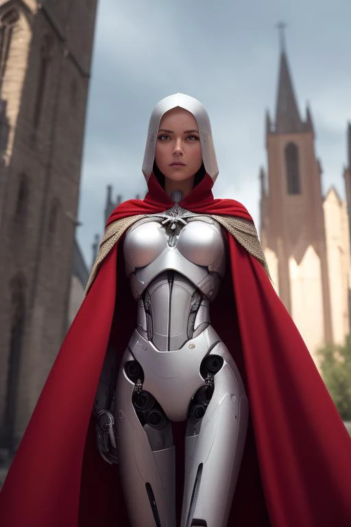 woman, robot, cyborg, knight templar, wearing templar clothes, red (cloak:1.2), white (tunic:1.2) with red cross on chest, haunted gothic church in background, looking at camera, close up, from waist, (best quality, high quality:1.2), (masterpiece:1.1), (detailed), photorealism, photorealistic, 8k, hdr, cinematic lighting, cinematic bloom, sharp focus, lens flare, ray tracing, reflections, sharp focus