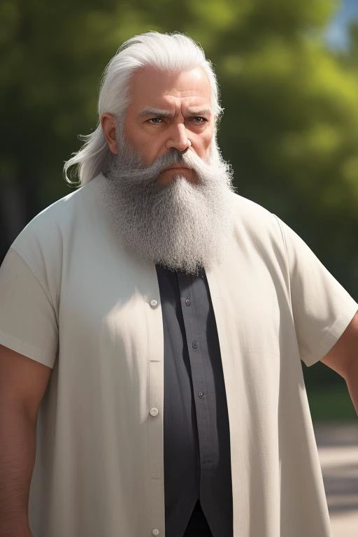 photo of a (men), old men,70 years old,very Long beard,grizzled beard,white hair, serious look ,standing at (park), portrait photo, looking at camera, (best quality, high quality:1.2), (masterpiece:1.1), (detailed), photorealism, photorealistic, 8k, hdr, cinematic lighting, cinematic bloom, sharp focus, lens flare, ray tracing, reflections, sharp focus