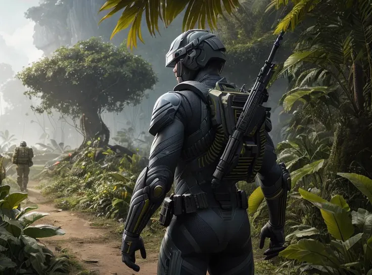 soldier wearing a Nanosuit from Crysis is looking at the jungle in the Vietnam war, dynamic composition, cinematic lighting, warm and vibrant colors, art by Sam Weber and Michael C Hayes, 8k, trending on artstation, hyper detailed, cinematic