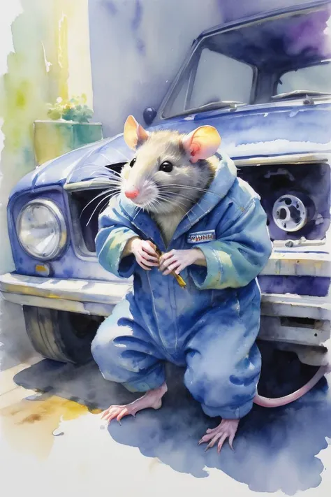 Watercolor,Impressionism,Claude Monet, Loose and spontaneous brushstrokes, capturing the fleeting effects of light and atmosphere, depicting A rat in human form in a blue overall working, a car engine in a garage,Soft and natural, varying with the time of day and weather conditions, Bright and vibrant color palette, including yellows, greens, blues, and purples.