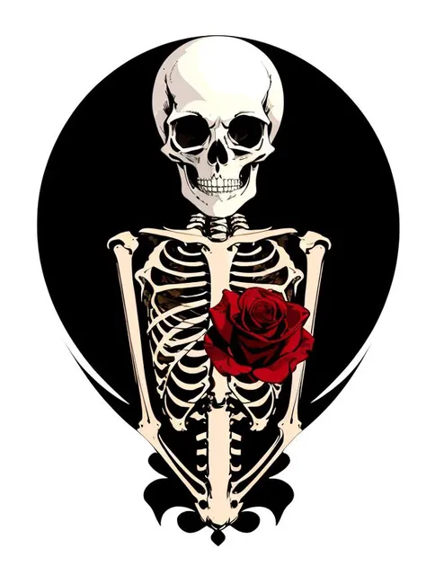 a vintage tshirt design of a skeleton person holding roses, low details, digital art, solid colors, sharp focus, trending on art station, print art, black and white, empty background, grunge, flat