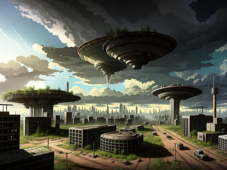 postapocalyptic city overruled by plants and animals, heavy clouds, ground perspective