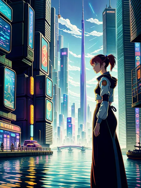 Award winning cyberpunk Studio Ghibli movie poster styled painting, of a woman with a photorealistic face, gazing upon a cityscape from the dockside, with oppressive skyscrapers causing a warm neon glow. The painting is rendered in an animated 90s anime films aesthetic, and the city's inhabitants are suggested through the myriad glass windows of those structures, culminating in a wondrous and otherworldly atmosphere full of depth, 8k uhd, studio quality, ultra realistic, max detail, massive scale, post-processing, realistic, photorealism, photoshop, photography, raytracing, octane render