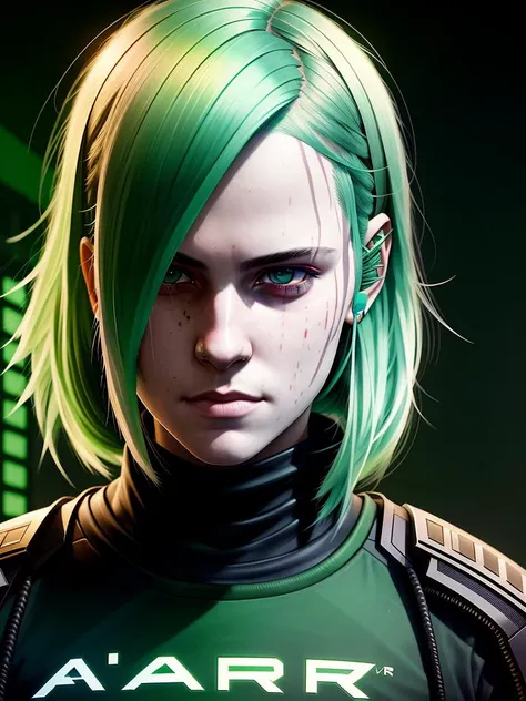 Portrait of {a hacker} with {green} hair and with scarred face, {city}, perfect composition, hyperrealistic, super detailed, 8k, high quality, trending art, trending on artstation, sharp focus, studio photo, intricate details, highly detailed, by greg rutkowski