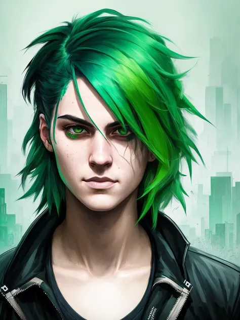 Portrait of {a hacker} with {green} hair and with scarred face, {city}, perfect composition, hyperrealistic, super detailed, 8k, high quality, trending art, trending on artstation, sharp focus, studio photo, intricate details, highly detailed, by greg rutkowski