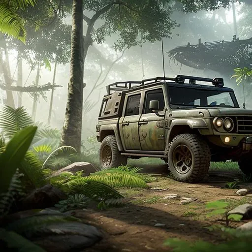 |a first person shooter| set in the jungle with |lots of videogame action|, |steampunk ships|, morning lighting, wide angle, anime style rendering, 8k uhd, studio quality, ultra realistic, max detail, massive scale, post-processing, realistic, photorealism, photoshop, photography, raytracing, octane render
