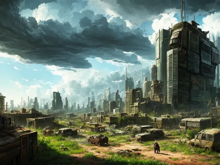 postapocalyptic city overruled by plants and animals, heavy clouds, ground perspective