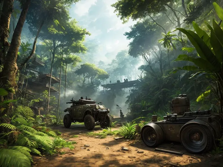 |a first person shooter| set in the jungle with |lots of videogame action|, |steampunk ships|, morning lighting, wide angle, anime style rendering, 8k uhd, studio quality, ultra realistic, max detail, massive scale, post-processing, realistic, photorealism, photoshop, photography, raytracing, octane render