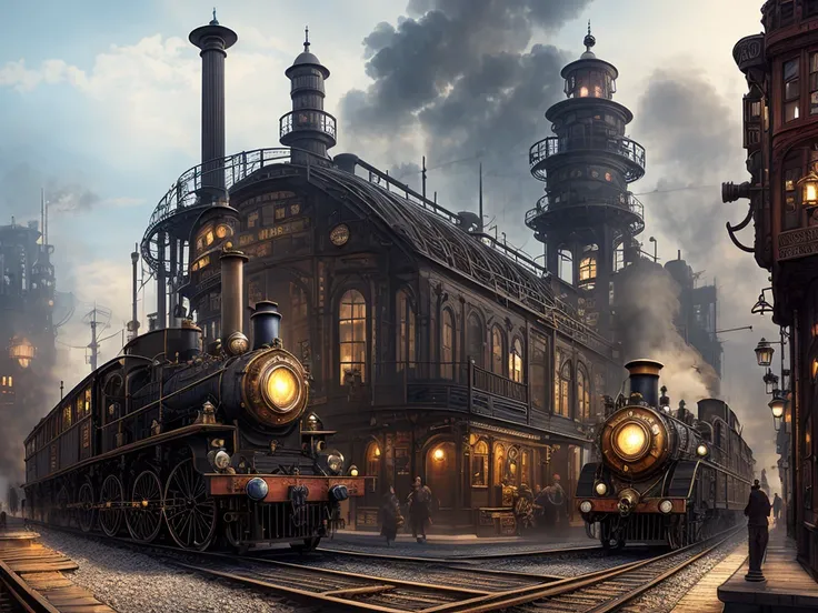 Steamcity, steampunk, beautiful, city, concept art, drawing, fantasy, 4K, UHD, High quality, Trending on Artstation HQ, 8k uhd, studio quality, ultra realistic, max detail, massive scale, post-processing, realistic, photorealism, photoshop, photography, raytracing, octane render