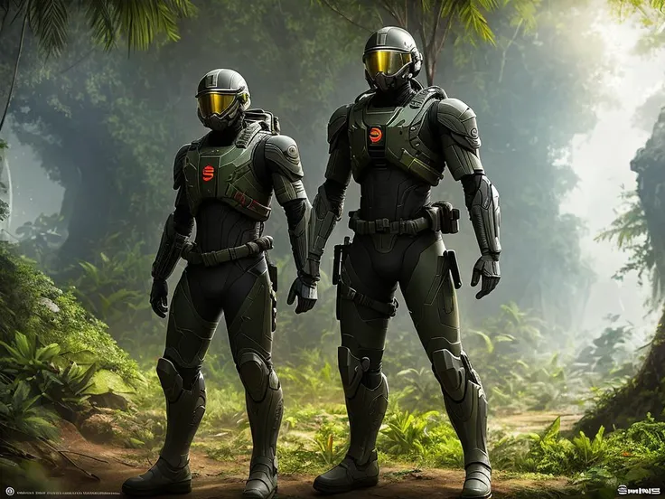 soldier wearing a Nanosuit from Crysis is looking at the jungle in the Vietnam war, dynamic composition, cinematic lighting, warm and vibrant colors, art by Sam Weber and Michael C Hayes, 8k, trending on artstation, hyper detailed, cinematic