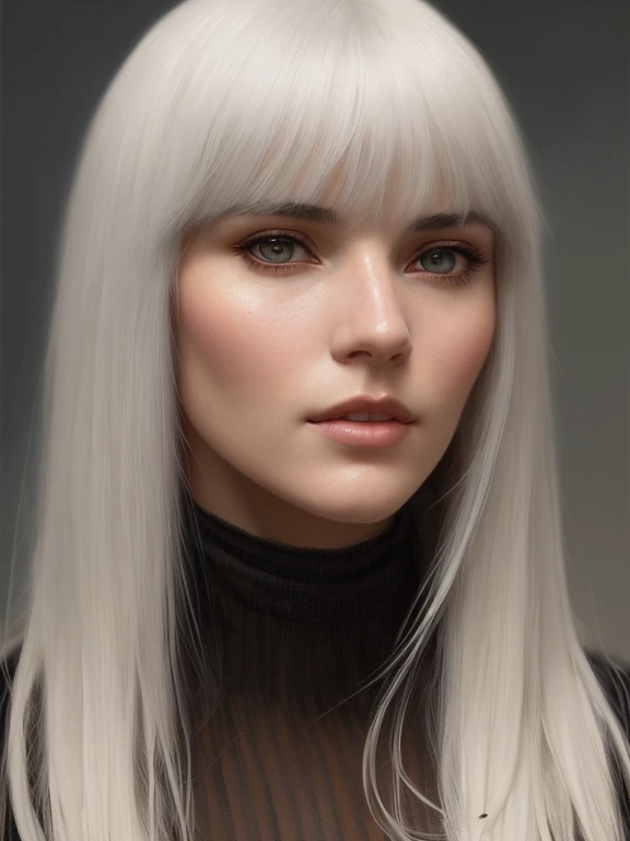 face portrait of a beautiful woman by Greg Rutkowski and Gaston Bussiere, she is about 20 years old, straight white hair, bangs, straight nose, tired appearance, long nose, she is wearing modern stylish clothes, highly detailed portrait, digital painting, artstation, concept art, smooth, sharp foccus ilustration, Artstation HQ.