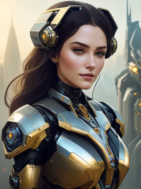 face portrait of a beautiful woman as a solarpunk mecha humanoid, sharp focus, digital art, concept art, fantasy, intricate, elegant, highly detailed, digital painting, artstation, concept art, matte, sharp focus, illustration, art by artgerm and greg rutkowski and alphonse mucha