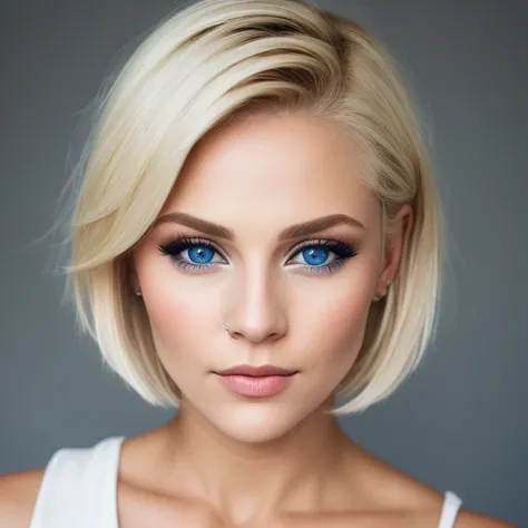 face portrait of a beautiful woman, blue eyes, blonde hair, short hair, parted lips,