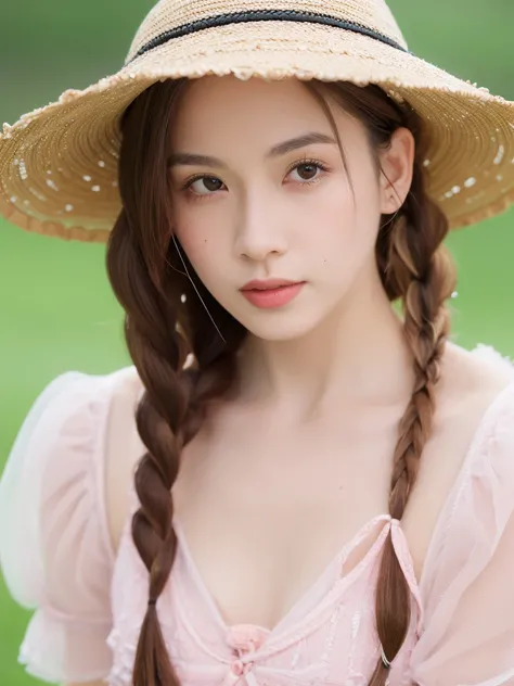 masterpiece,best quality,highly detailed,ultra-detailed,realistic, photorealistic, a chinese woman in a straw hat sitting in a field of flowers, romanticism, a goddess in a field of flowers, in a field with flowers, the goddess of summer
