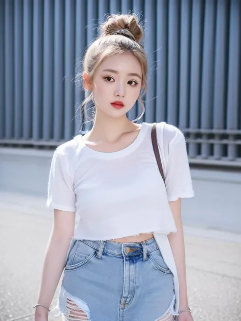 masterpiece,best quality,highly detailed,ultra-detailed,realistic, photorealistic, 1girl, white shirt, blue denim jacket, grey denim shorts, on street