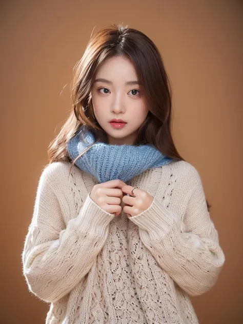 masterpiece,best quality,highly detailed,ultra-detailed, realistic, photorealistic, solo, realistic, 1girl, holding a leaf, autumn, blue scarf, hollow out sweater