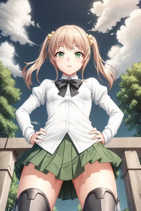 1girl, (from below:1.1), standing,
1girl, outdoors, sky, clouds,
(small breasts:1.3), well drawn body,
,masterpiece, hiqh quality, <lora:1more_details:0.2> <lora:IbarazakiEmi:0.8> Emi, amputee, school uniform, green skirt, green eyes, hair ornament