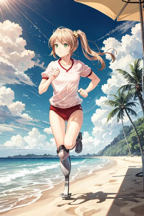 (masterpiece),best quality, <lora:IbarazakiEmi:0.8>, Emi, prosthetic leg, running blades, gym uniform, green eyes, hair ornament, full body, close , beach, sea, sun, sunlight, sand castle, wave, cliff, <lora:Adddetail:0.8>, best quality, (front view:1.2)