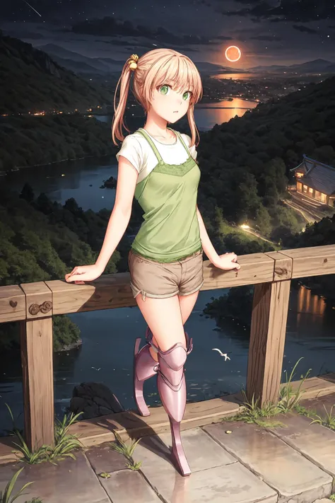 (masterpiece),best quality, <lora:IbarazakiEmi:0.85>, Emi, amputee, prosthetic leg, running blades, casual outfit, brown shorts, green eyes, hair ornament, full body, close , beautiful bloodmoon light, castle, (background with japanese town in ruins:1), lake, mountains, (((night))),<lora:Adddetail:0.8>, best quality, (bird's eye view:1.2)