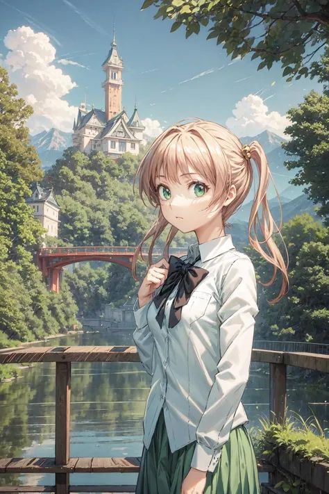 (masterpiece),best quality, <lora:IbarazakiEmi:0.8>, Emi, school uniform, green skirt, on a bridge, close, outside, japanese castle far away, lake, persistent stare, mountains, <lora:Adddetail:0.7>