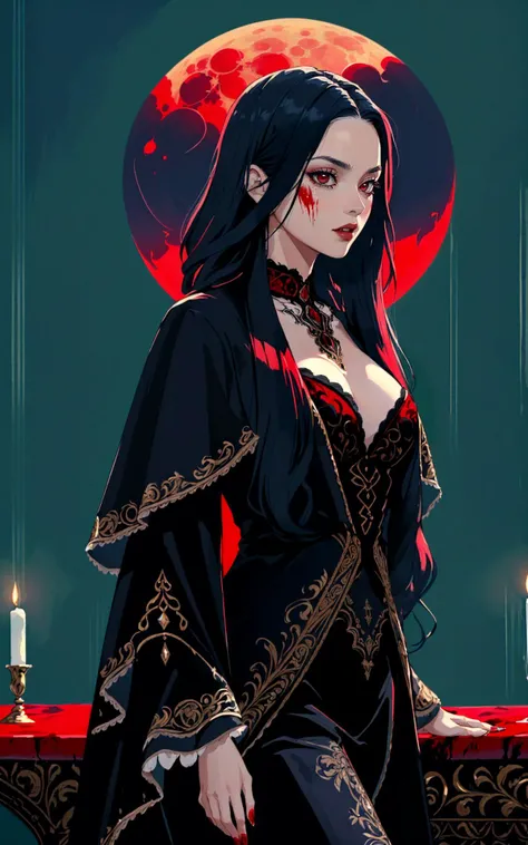 ([style of Frank Hong:style of Zac Retz:0.5]:1.2),(style of Ilya Kuvshino, [OverallDetail:HairDetail fHandDetail SkinDetail :0.7]:1.5), (Layered Depth, Parallax Effect, painted background, Soft focus foreground:1.3), (perfect seductive young woman Attending a Secret Gathering in a Vampire Society:1.3) opulent, clandestine gathering of vampires in a Gothic mansion, rich with velvet draperies and ancient artifacts, under the light of a blood moon.