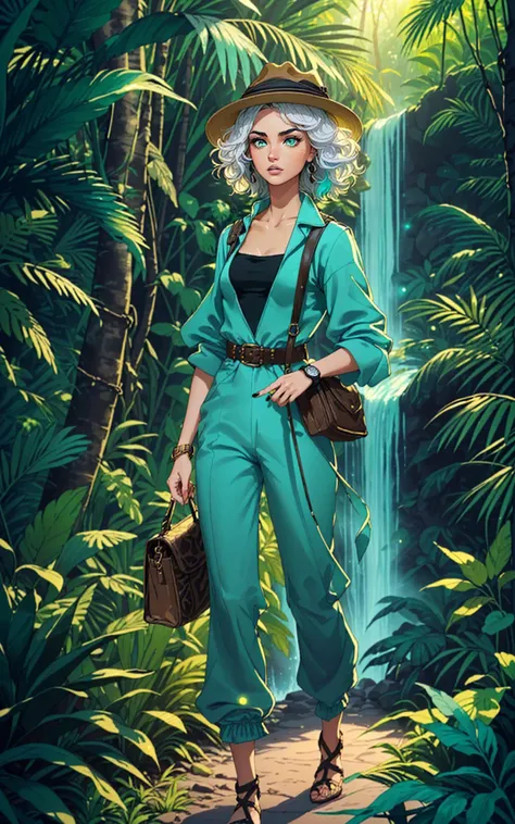 ([style of Frank Hong:style of Zac Retz:0.5]:1.2),(style of Ilya Kuvshino, [OverallDetail:HairDetail fHandDetail SkinDetail :0.7]:1.5), (Layered Depth, Parallax Effect, painted background, Soft focus foreground:1.3), (cinematic still of young woman standing boldly in front of a jungle fertility temple:1.5), full length wide angle cinematic shot, (perky breasts under clothes, deep cleavage:1.2) (pale, 24 years old, , skinny waist, young French woman, fashionista:1.5), (Oval-shaped face, luminous complexion, aqua+ almond-shaped eyes, thin brows, small upturned nose, thin supple lips:1.4), (white hair, medium length, curly:1.3), exotic ancient backdrop BREAK draped in a grey ((safari-inspired highfashion jumpsuit)), blending practicality with elegance, belted jumpsuit with rolled-up sleeves geometric patterns in black embroidery, accessorizing with fedora and vintage leather satchel. The jungle temple behind her is overgrown, with intricate carvings barely visible under the lush green vines and moss, hinting at an ancient civilization's secrets. The lighting casts a magical, golden hour glow, creating an aura of mystery and allure. Her expression is one of determined curiosity, her eyes sparkling with the thrill of exploration. Around her, the dense jungle foliage is teeming with exotic birds and the distant, faint sounds of a waterfall, adding to the adventurous ambiance., volumetric lighting, subsurface scattering, intricate details, masterpiece, utility belt, watch,